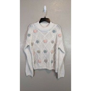 VTG Christina Small White Pastel Balls Cable Knit Knitted by Hand Korea Sweater